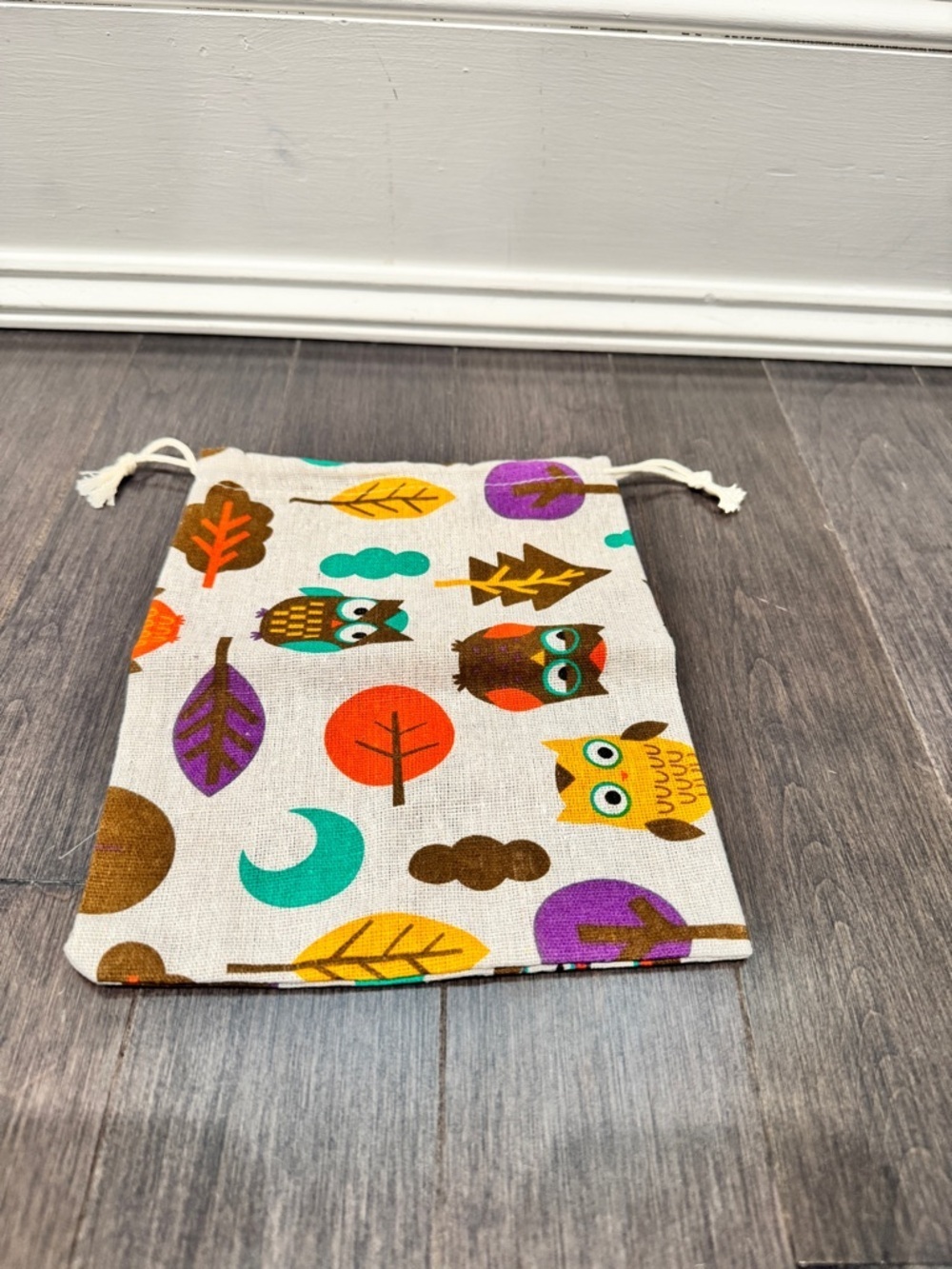 NWOT Kids Owl Drawstring Canvas Pouch - Multicolor 9.5” by 7.5”
